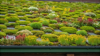 Poster - Closeup of Roof Surface A textured view of a green roof surface covered in a diverse array of moss sedum and wildflowers showcasing the beauty and complexity of a wellplanted