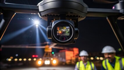 Fototapete - Closeup of the drones camera lens reflecting the glow of construction lights with beams of light piercing the darkness and highlighting workers in hard hats operating machinery.