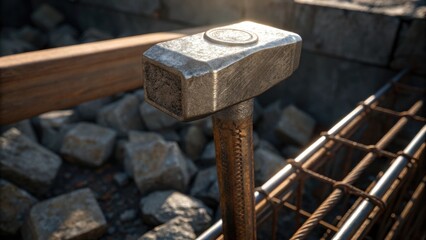 Aufkleber - Closeup of the heavy steel hammer just inches away from a reinforced concrete pile with sunlight gleaming off its surface highlighting the robust construction materials used.