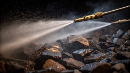 Poster - Closeup of water spraying from highpressure hoses cooling the ting tools as they grind through rock with droplets glistening in the dim light and blending with the cloud of dust in