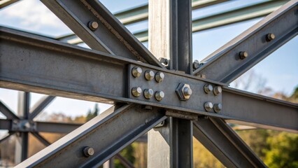 Aufkleber - Closeup perspective of beams connected with steel plates and bolts highlighting the harmony of geometry and strength with a background blur that enhances the industrial aesthetic.
