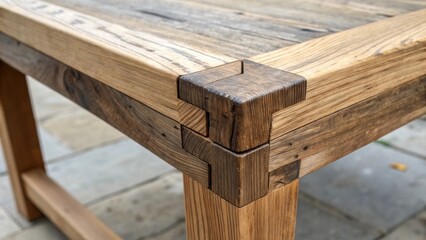 Poster - Closeup shot of the corner joint of two reclaimed boards featuring a unique handmade joinery od that blends functionality with artistry representing sustainable craftsmanship.
