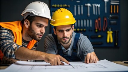 Aufkleber - Collaboration A closeup of two workers engaged in discussion one pointing towards blueprints spread out on a table capturing their focused expressions underscored by a backdrop of