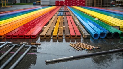 Aufkleber - Colorful Kaleidoscope A vibrant reflection of construction materialsrows of painted wood metal pipes and toolscreates a colorful mosaic in a rainsoaked surface.