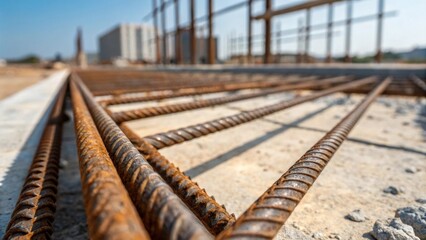Aufkleber - Closeup view of rustresistant rebar with a textured surface highlighting the ridges that enhance bonding with surrounding concrete against a blurred construction site in the