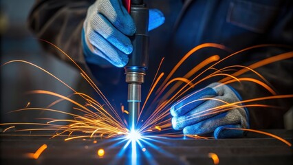 Poster - Control and Precision A closeup view of the workers fingers gripping the welding torch with precision as arcs of blue and orange light dance around them showcasing the skill and
