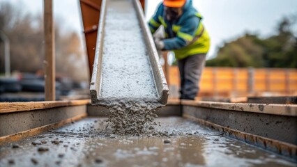 Aufkleber - Concrete Pouring A medium closeup image of a worker guiding a chute as concrete is poured into a foundation mold. The texture of the wet concrete with droplets splashing conveys