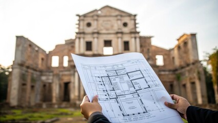 Aufkleber - Construction Plans A medium closeup of a hand holding blueprints with the old building in the background signifying the planning and vision for future development amidst the