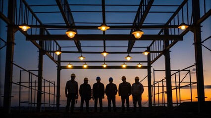 Aufkleber - Construction Lights in the Dark As days shorten with the onset of fall the glow of construction lights illuminates the skeletal framework against a deepening twilight. Workers