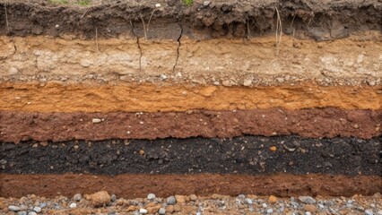 Poster - Detailed closeup of soil layering within the pit showcasing different strata clay gravel and sand each with a distinctive texture and color indicating geological variances crucial