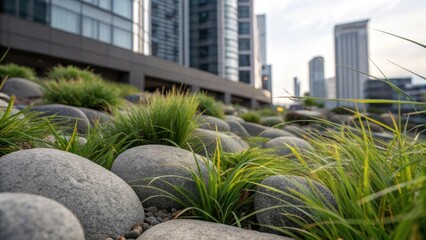Poster - Detailed view of textured groundcover plants weaving around smooth gray boulders that harmonize with the buildings modern aesthetic.