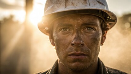Poster - Dusty Afternoon A closeup of a workers face covered in dust from the construction site. Sweat beads on their forehead and the sunlit haze creates a glowing effect around them