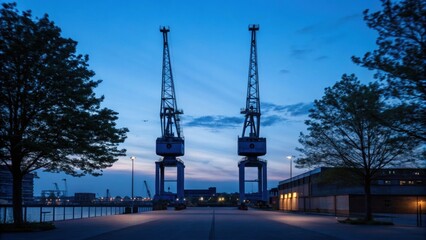 Aufkleber - Early evening casts a bluetoned ambiance as the last light of day fades creating a serene atmosphere where cranes tower above in stark contrast against a deepening sky.