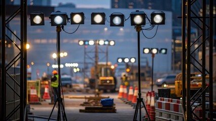 Aufkleber - Dynamic blur of security lights rotating around a construction site framing the silhouettes of various tools and equipment creating an ambient glow that highlights the organized