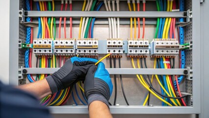 Aufkleber - Electrical Wiring Configuration A medium closeup showing a technician meticulously organizing and connecting colorful electrical wires inside a distribution box. The complexity of