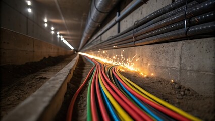 Aufkleber - Electrical Wiring Installation A medium closeup of an electrician meticulously laying out colorful wiring along tunnel walls. Tiny sparks flicker as connections are made