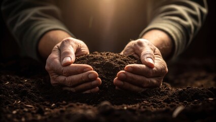 Poster - Emotional Connections A medium closeup of hands striking the soil with light glimmering off the freshly turned dirt capturing the emotional weight of the first move in a new