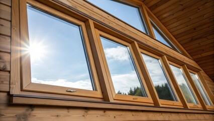 Poster - EnergyEfficient Windows A medium closeup of a series of tripleglazed windows installed in a wooden frame with sunlight streaming through highlighting the thermal efficiency and