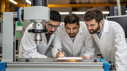 Aufkleber - Engineers in a lab collaborate closely examining a prototype as a precision milling machine operates nearby showcasing teamwork that blends creativity with advanced technology.