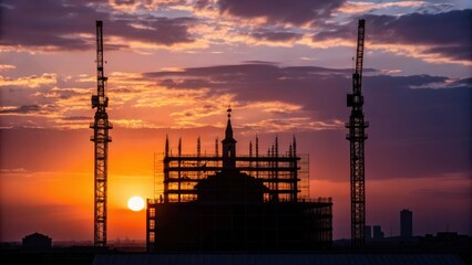 Poster - Evening sun setting behind a partially built structure silhouetting cranes and scaffolding while the warm hues paint the sky in shades of orange and purple signaling the end of a