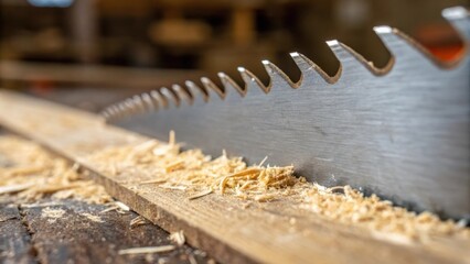 Poster - Focused on a section of the saw blade the sharp teeth gleam under the light revealing the worn edges from repeated use while subtly capturing fragments of wood fibers caught