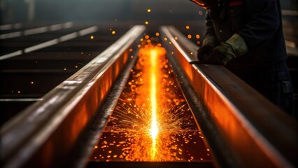 Aufkleber - Glowing Metal A medium closeup capturing the seam of metal being welded the heat visibly causing the edges to glow a fiery orange as the workers silhouette is framed against the