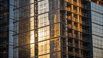 Aufkleber - Glass Reflections A medium closeup of a highrise building under construction with sections of glass catching sunlight. The reflections create a mosaic of light and shadow