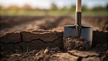Poster - Groundbreaking Symbolism A closeup of a shovel breaking the surface of the earth the soil cracking open revealing rich dark dirt marking the moment of change and opportunity.