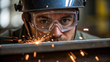Poster - In a medium closeup the workers face is framed by safety goggles sweat beading on their forehead reflecting the intensity of their focused gaze while welding metal parts.