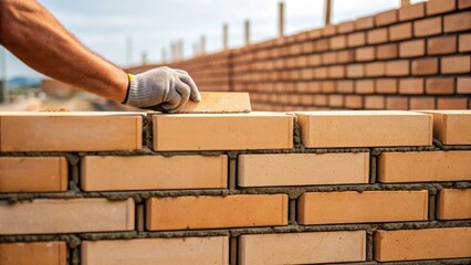 Aufkleber - In a medium closeup the workers hand is seen repeating a rhythmic motion deftly filling a gap with mortar while a row of completed bricks stands proudly in the background.