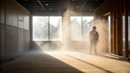 Poster - In the hazy atmosphere of a partially completed room s of dust motes drift lazily through the air swirling around the silhouette of a construction worker in the background.