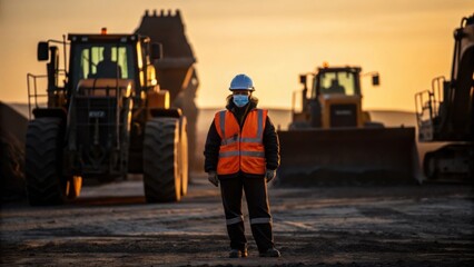 Fototapete -  in the background heavy machinery looms contrasting the personal struggle of maintaining safety.