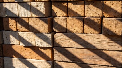 Aufkleber - Material Palette A closeup of stacked bricks and wood planks with strong diagonal shadows slicing across the surfaces. The texture of each material is enhanced by patches of light