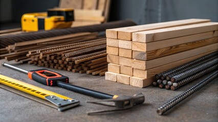 Aufkleber - Material Stacks and Tools A closeup image of stacked materialstimber beams and metal rebarcarefully arranged on the ground. Hand tools and construction gadgets are tered around