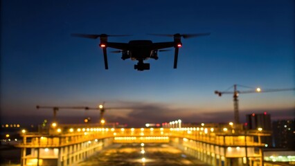 Aufkleber - Medium closeup capturing the drones silhouette against an expansive night sky surrounded by the ling lights of the construction site below enhancing the sense of scale and