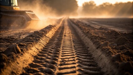 Poster - Medium closeup of a bulldozers tracks pressing deep into freshly cleared earth with dust particles suspended in the air illuminated by the morning light.