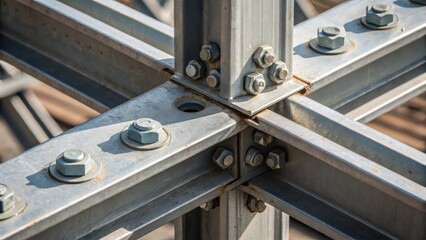 Poster - Medium closeup of a crossbracing connection featuring diagonal steel members tied together with plates and bolts emphasizing the geometric precision and engineering design