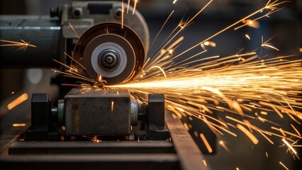 Poster - Medium closeup of a grinding machine in use with sparks flying towards the camera capturing the raw energy and the volatile nature of the equipment in action.