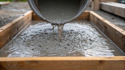 Poster - Medium closeup of a large bucket pouring a steady stream of wet concrete into a wooden frame with droplets splashing and forming small patterns as they hit the surface.