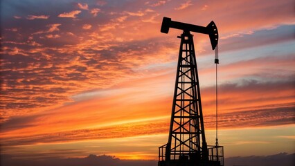 Poster - Medium closeup of a pile driver tower silhouetted against a vibrant sunset with the hammer poised at the top ready for its next descent giving a striking contrast between machinery
