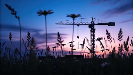Aufkleber - Medium closeup of a shadowy construction site at dusk where the silhouettes of cranes loom over a field of wildflowers swaying gently in the breeze illustrating the stark contrast
