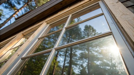 Poster - Medium closeup of a window frame taking shape with sunlight glinting off the glass panes and reflections of trees visible within symbolizing a connection between indoors and