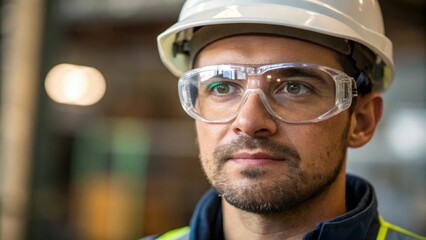 Poster - Medium closeup of a workers face accentuated by the gleaming reflections in their safety glasses capturing the essence of concentration and safety in a dynamic work environment.