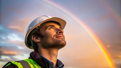 Poster - Medium closeup of a workers face illuminated by the soft light of the fading sun as they gaze up at the rainbow reflecting a mixture of hope and determination.