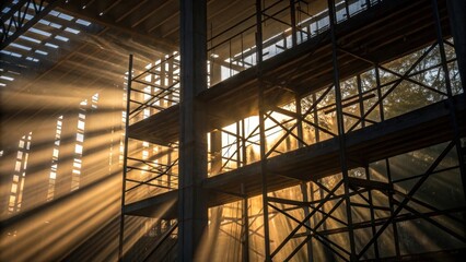 Aufkleber - Medium closeup of sunlight filtering through the skeletal framework of a halfbuilt structure casting intricate patterns of light and shadow on the nearby scaffolding.