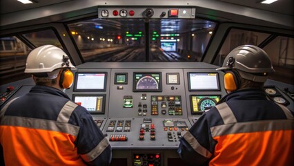 Aufkleber - Medium closeup of the tunnel boring machines control panel displaying a maze of levers gauges and screens with operators intensely focused on monitoring the machines performance
