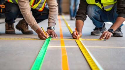 Poster - Medium closeup of workers measuring and marking alignment on the ground with bright chalk showcasing precision tools and collaborative teamwork.