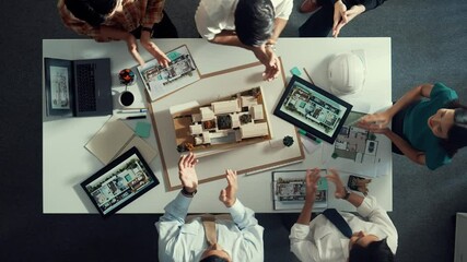Poster - top view of manager shaking hand and clapping hands to celebrate project. aerial view of architect e