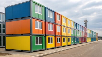 Aufkleber - Medium closeup of vibrant finished modular units stacked neatly demonstrating the diversity of colors and architectural styles ready to be transported to a construction site.