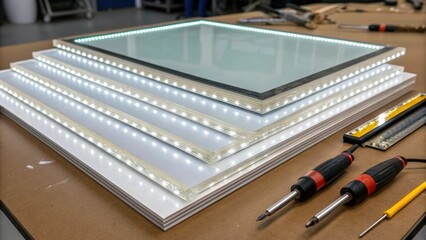 Aufkleber - Multiple glass panels stacked neatly their edges glowing under bright work lights emphasize the pristine quality of the materials awaiting installation and the intricate tools set